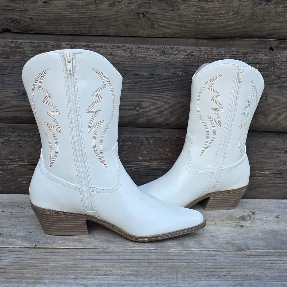 Y2K White Western Cowgirl Deco Stitch Block Heel Boots Women's Size 8M - Picture 4 of 10